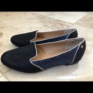 IMAN Blue glitter sequin calf hair leather loafers